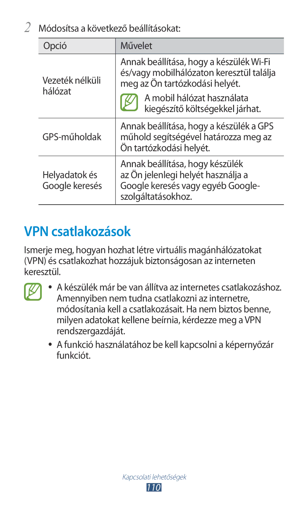 Samsung GT-P6200MAAXEZ, GT-P6200UWAITV, GT-P6200MAABGL, GT-P6200UWACOA, GT-P6200MAAXEO, GT-P6200MAAORL VPN csatlakozások, 110 