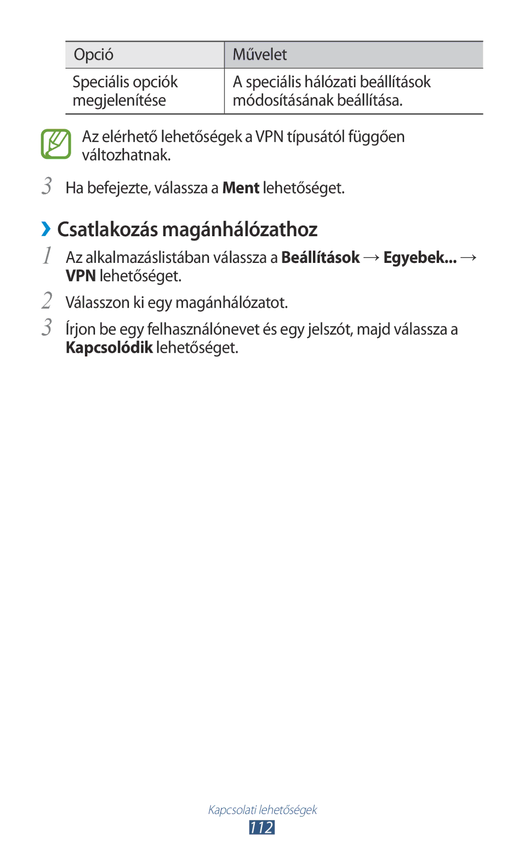 Samsung GT-P6200MAAXEO, GT-P6200UWAITV, GT-P6200MAABGL, GT-P6200MAAXEZ, GT-P6200UWACOA ››Csatlakozás magánhálózathoz, 112 