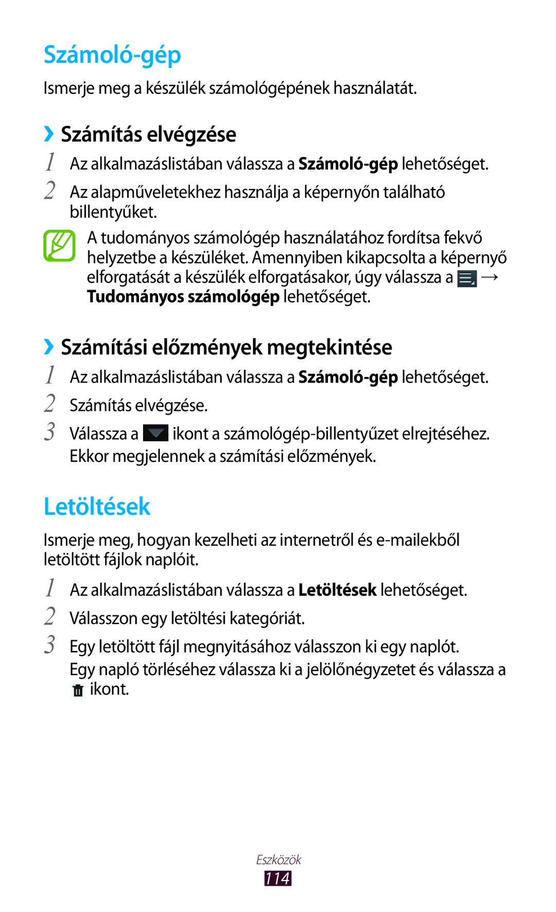 Samsung GT-P6200UWAXEO manual Számoló-gép, Letöltések, ››Számítás elvégzése, ››Számítási előzmények megtekintése, 114 