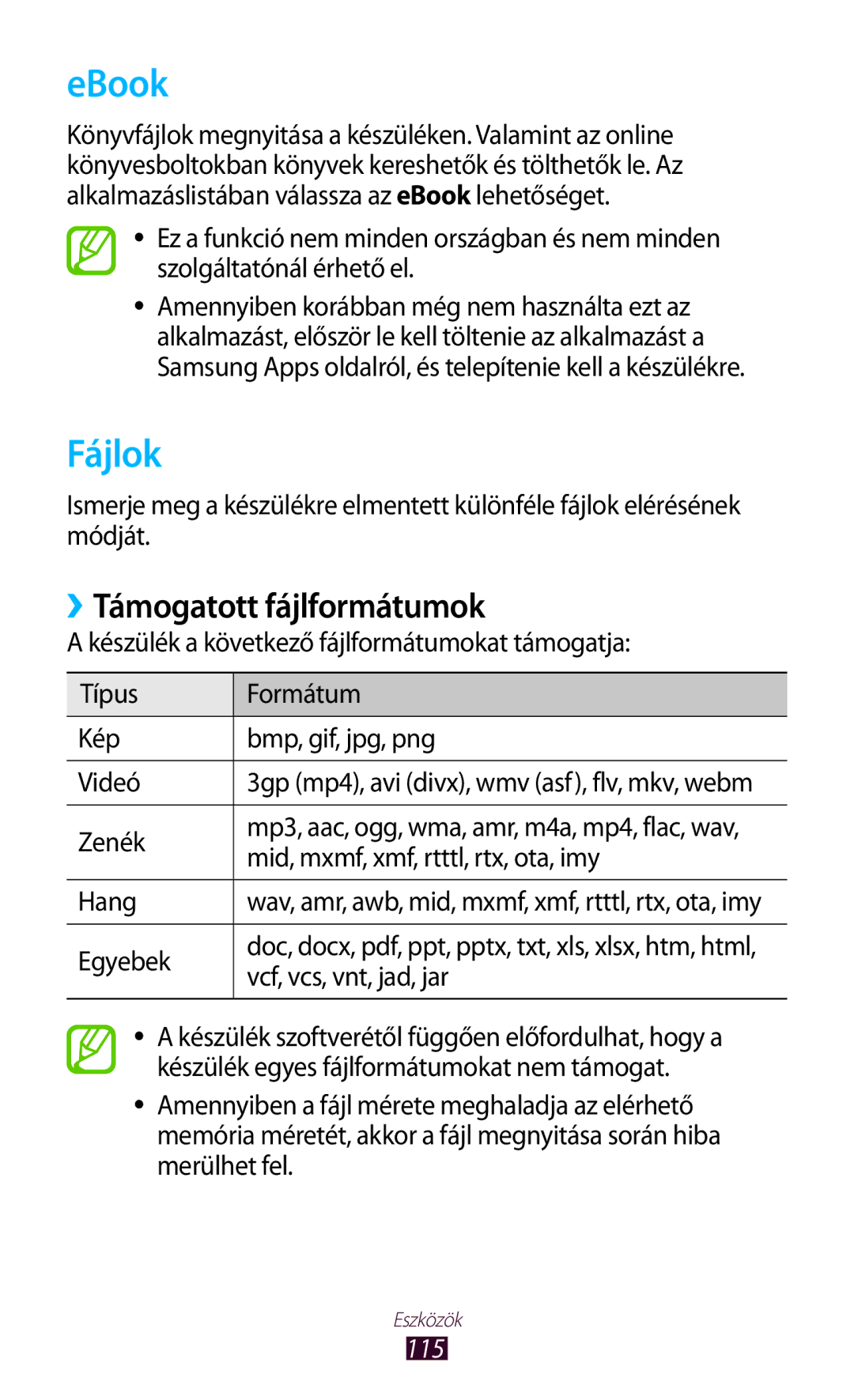 Samsung GT-P6200MAAPAN, GT-P6200UWAITV, GT-P6200MAABGL, GT-P6200MAAXEZ manual EBook, Fájlok, ››Támogatott fájlformátumok, 115 