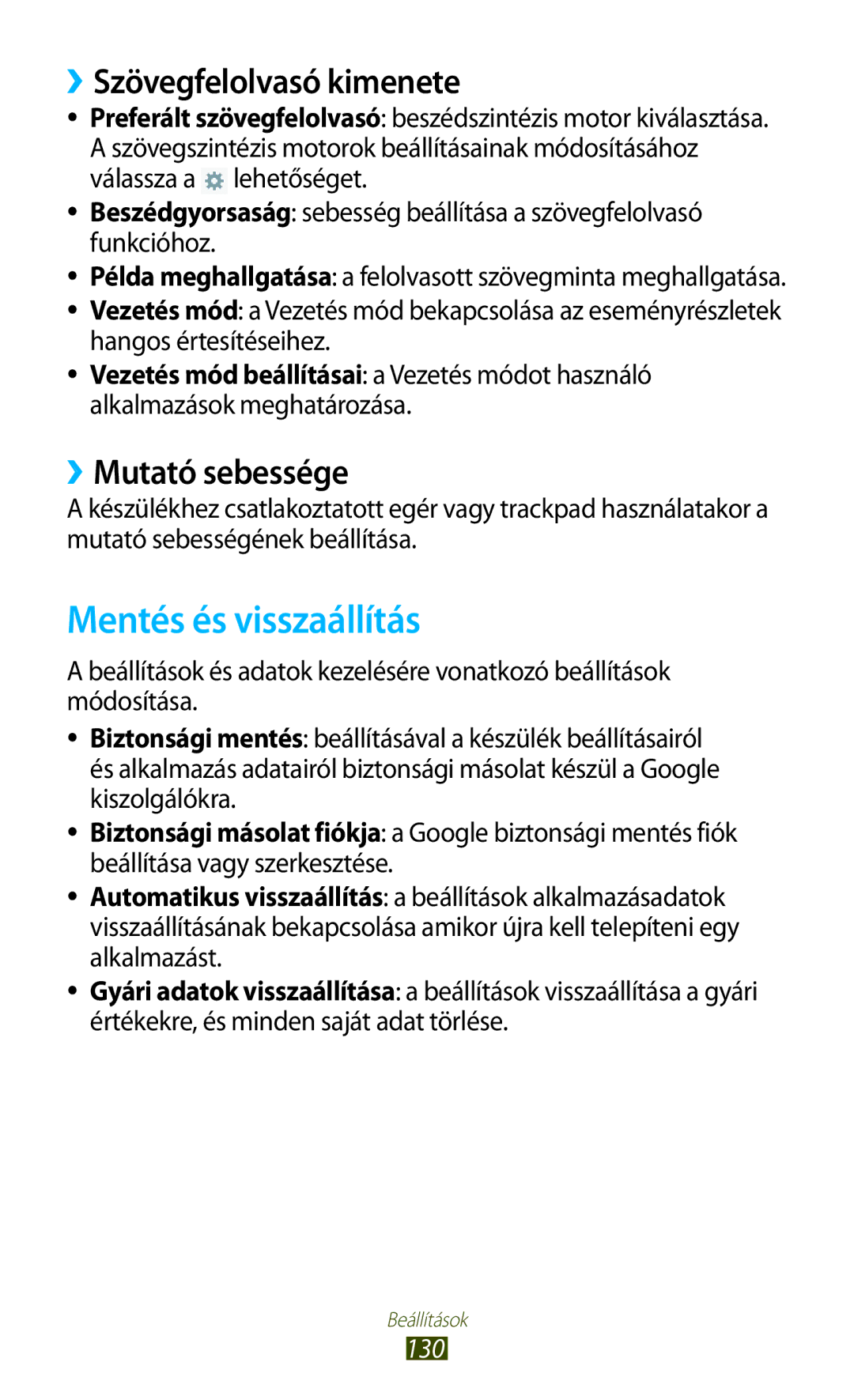 Samsung GT-P6200MAAXEO, GT-P6200UWAITV manual Mentés és visszaállítás, ››Szövegfelolvasó kimenete, ››Mutató sebessége, 130 