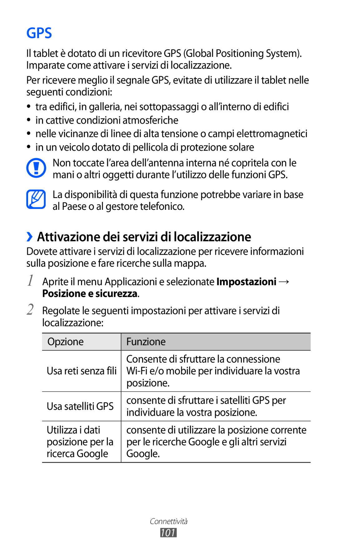 Samsung GT-P6200MAAOMN, GT-P6200UWAOMN, GT-P6200UWAITV, GT-P6200MAAITV manual ››Attivazione dei servizi di localizzazione, 101 