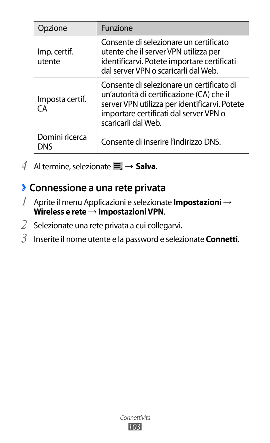 Samsung GT-P6200MAAITV, GT-P6200UWAOMN manual ››Connessione a una rete privata, Wireless e rete → Impostazioni VPN, 103 