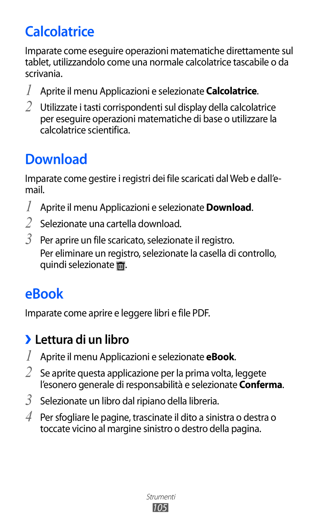 Samsung GT-P6200UWAOMN, GT-P6200MAAOMN, GT-P6200UWAITV manual Calcolatrice, Download, EBook, ››Lettura di un libro, 105 