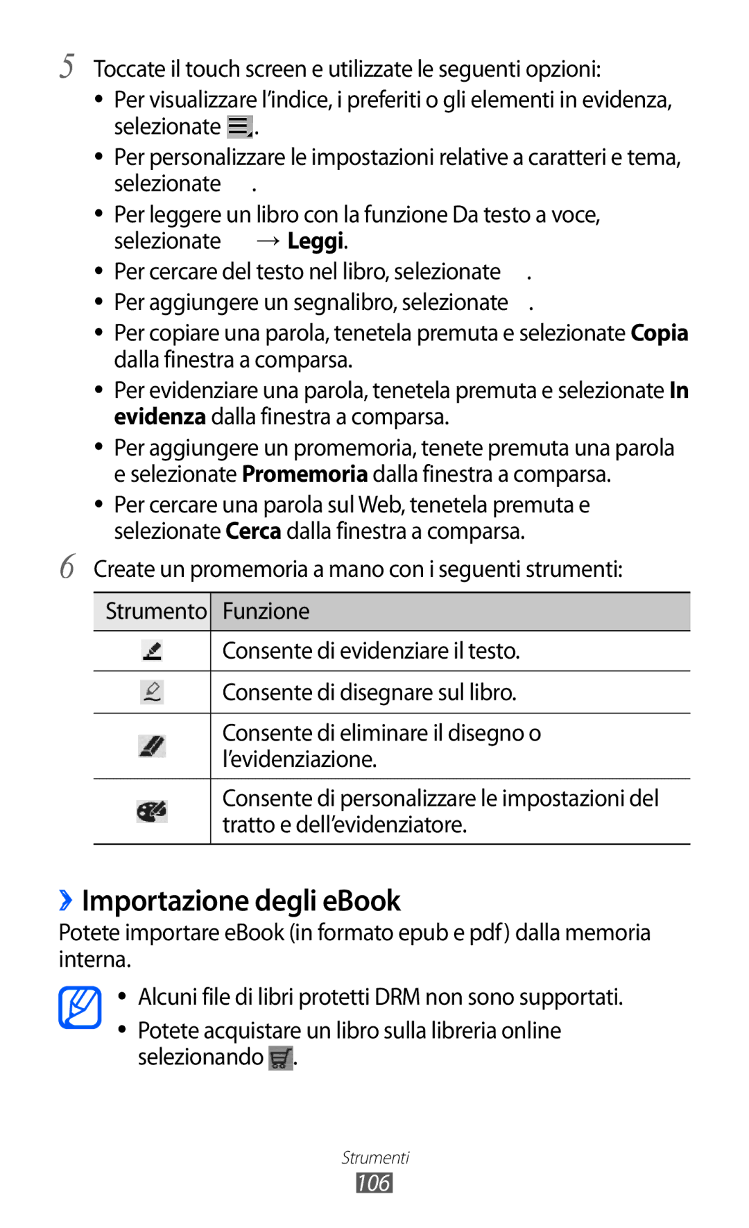 Samsung GT-P6200MAAOMN, GT-P6200UWAOMN, GT-P6200UWAITV, GT-P6200MAAITV, GT-P6200UWAWIN manual ››Importazione degli eBook, 106 