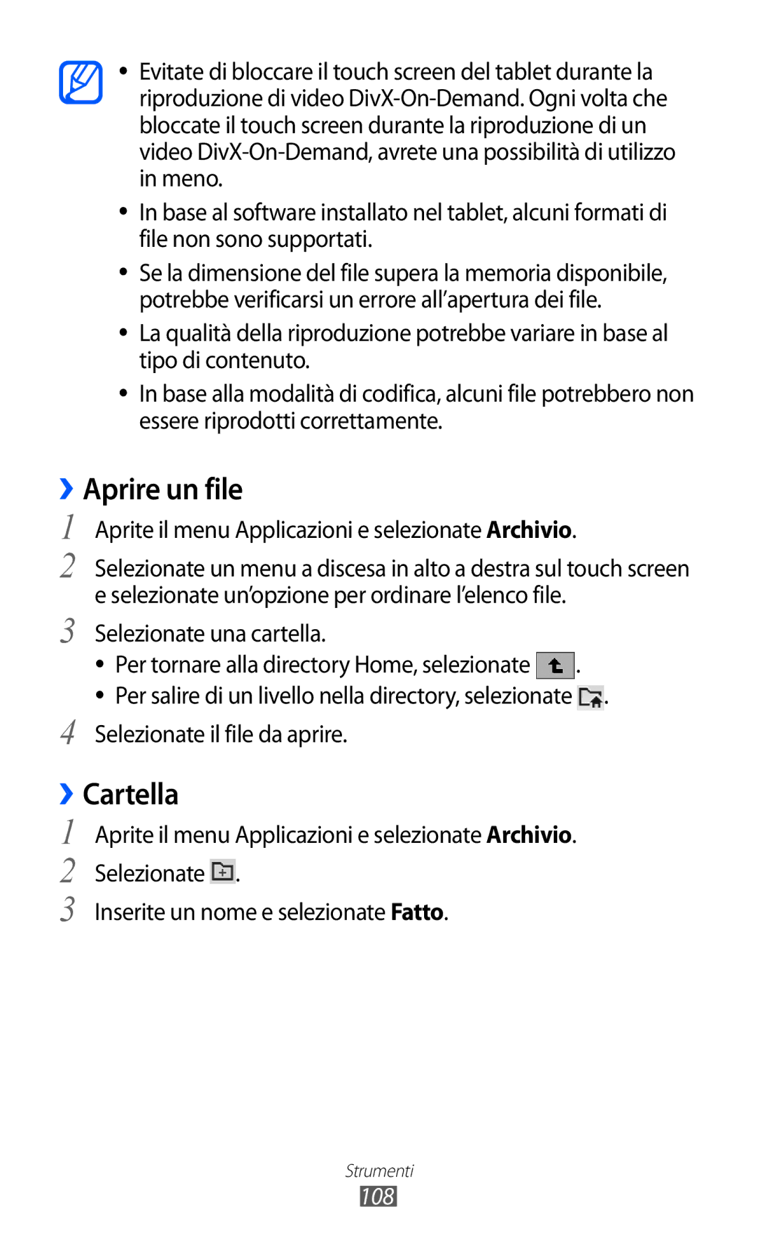 Samsung GT-P6200MAAITV manual ››Aprire un file, ››Cartella, Aprite il menu Applicazioni e selezionate Archivio, 108 