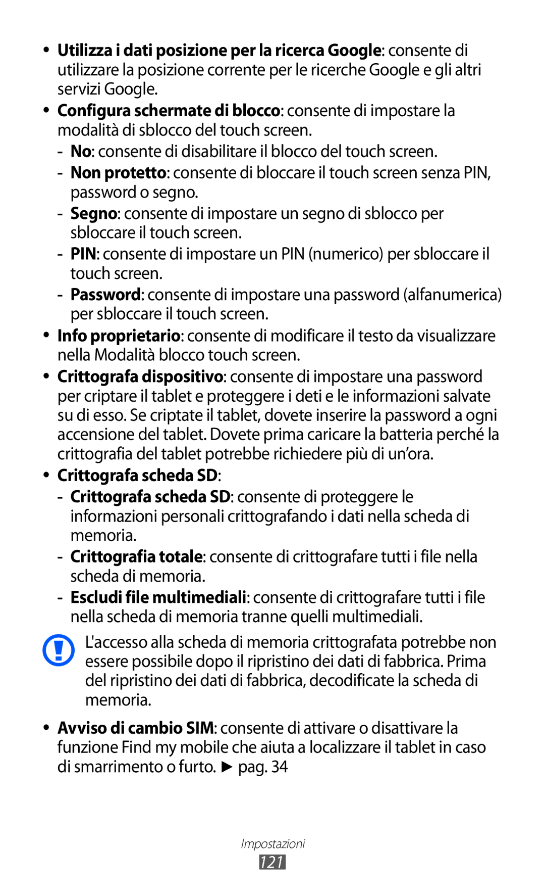 Samsung GT-P6200MAAOMN, GT-P6200UWAOMN, GT-P6200UWAITV, GT-P6200MAAITV, GT-P6200UWAWIN manual Crittografa scheda SD, 121 