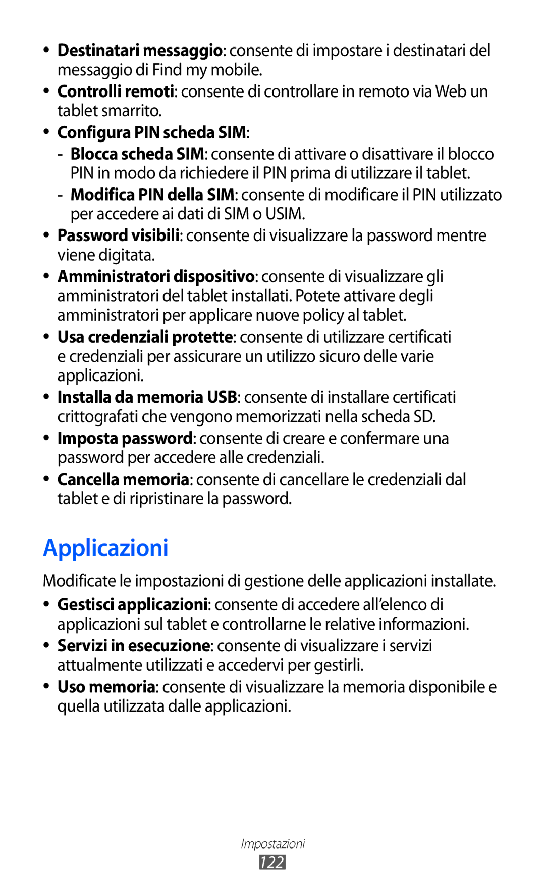 Samsung GT-P6200UWAITV, GT-P6200UWAOMN, GT-P6200MAAOMN, GT-P6200MAAITV manual Applicazioni, Configura PIN scheda SIM, 122 