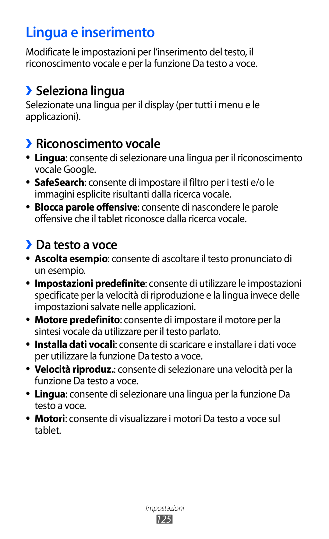 Samsung GT-P6200UWAOMN manual Lingua e inserimento, ››Seleziona lingua, ››Riconoscimento vocale, ››Da testo a voce, 125 
