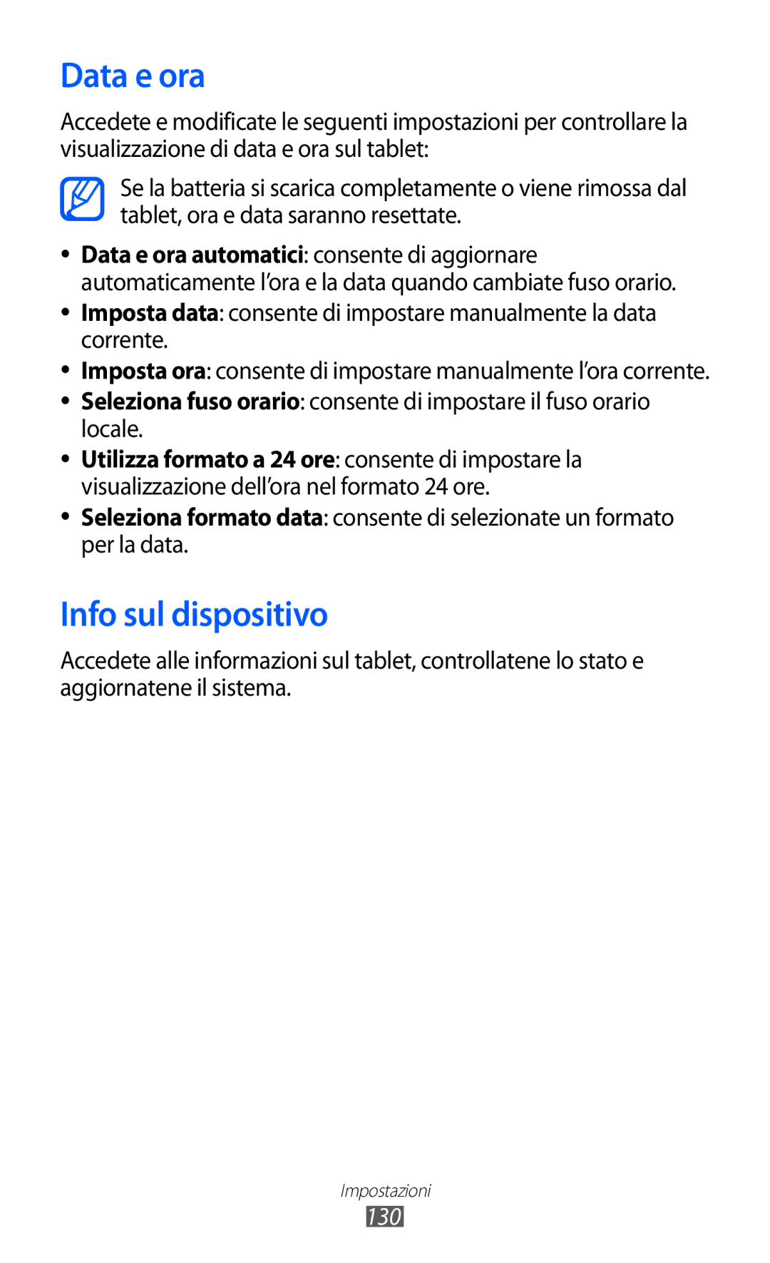 Samsung GT-P6200UWAOMN, GT-P6200MAAOMN, GT-P6200UWAITV, GT-P6200MAAITV, GT-P6200UWAWIN Data e ora, Info sul dispositivo, 130 