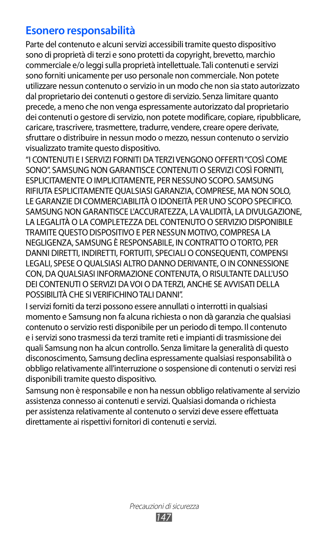 Samsung GT-P6200UWAITV, GT-P6200UWAOMN, GT-P6200MAAOMN, GT-P6200MAAITV, GT-P6200UWAWIN manual Esonero responsabilità, 147 