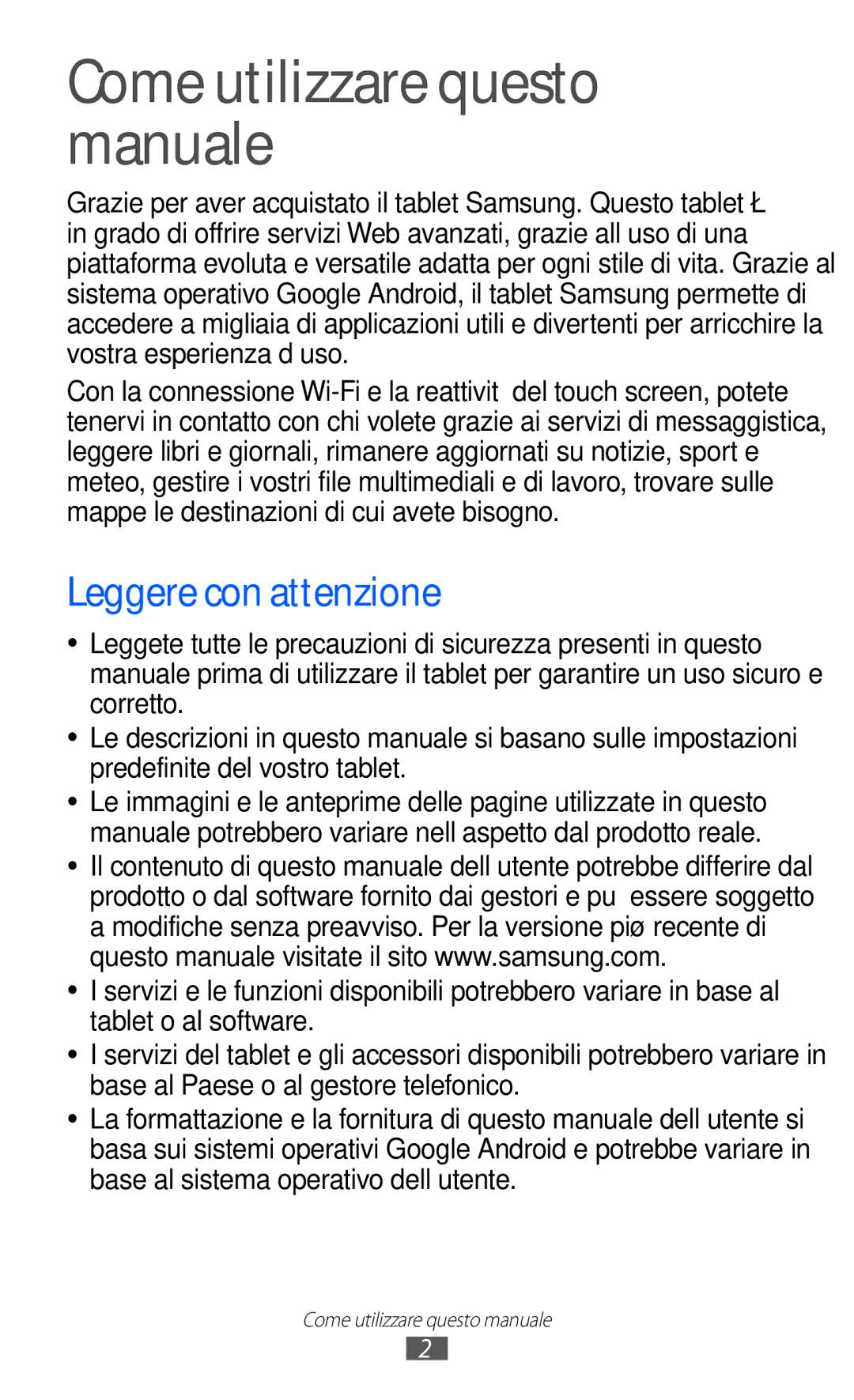 Samsung GT-P6200UWAITV, GT-P6200UWAOMN, GT-P6200MAAOMN Come utilizzare questo manuale, Leggere con attenzione 