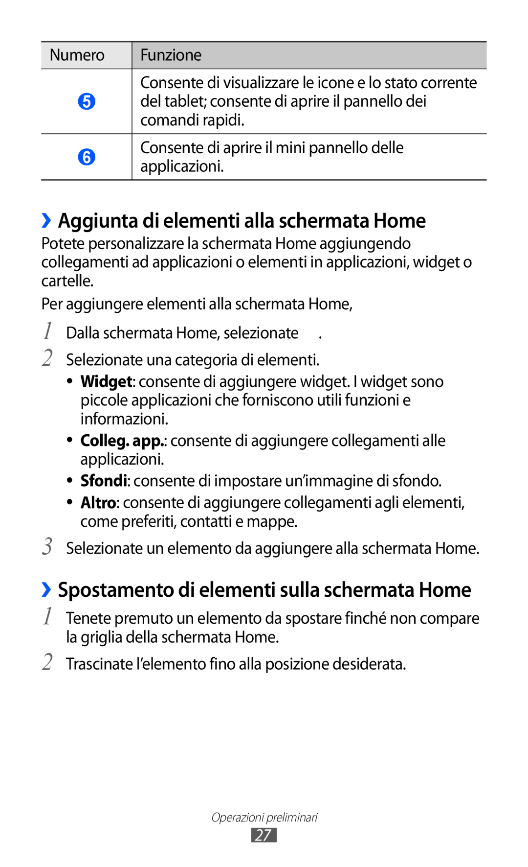 Samsung GT-P6200UWAITV manual ››Aggiunta di elementi alla schermata Home, ››Spostamento di elementi sulla schermata Home 