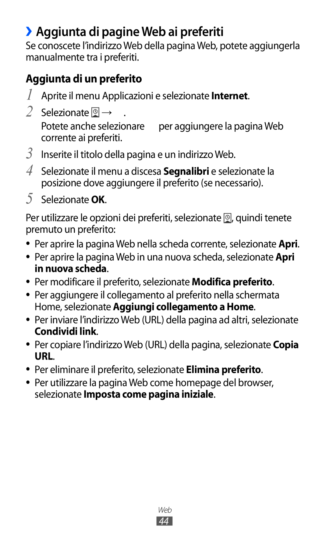 Samsung GT-P6200UWAWIN, GT-P6200UWAOMN, GT-P6200MAAOMN manual ››Aggiunta di pagine Web ai preferiti, Aggiunta di un preferito 