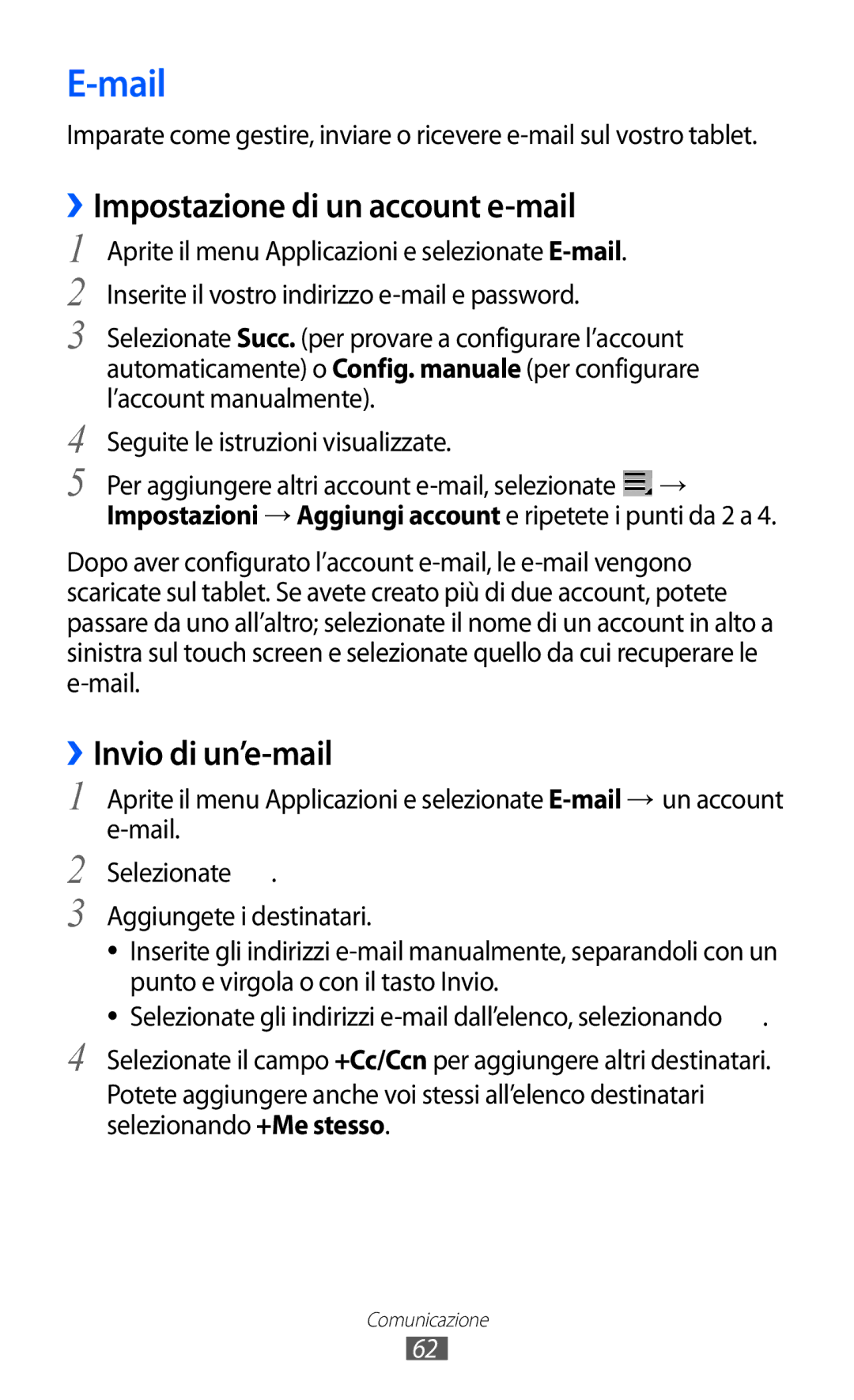 Samsung GT-P6200UWAITV, GT-P6200UWAOMN, GT-P6200MAAOMN manual Mail, ››Impostazione di un account e-mail, ››Invio di un’e-mail 