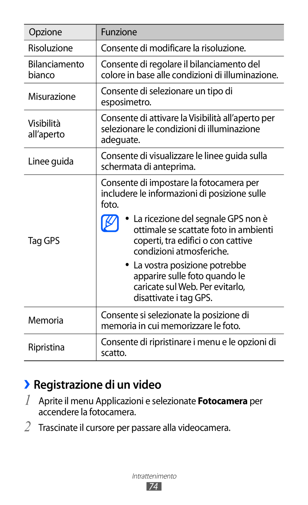 Samsung GT-P6200UWAWIN, GT-P6200UWAOMN, GT-P6200MAAOMN, GT-P6200UWAITV, GT-P6200MAAITV manual ››Registrazione di un video 