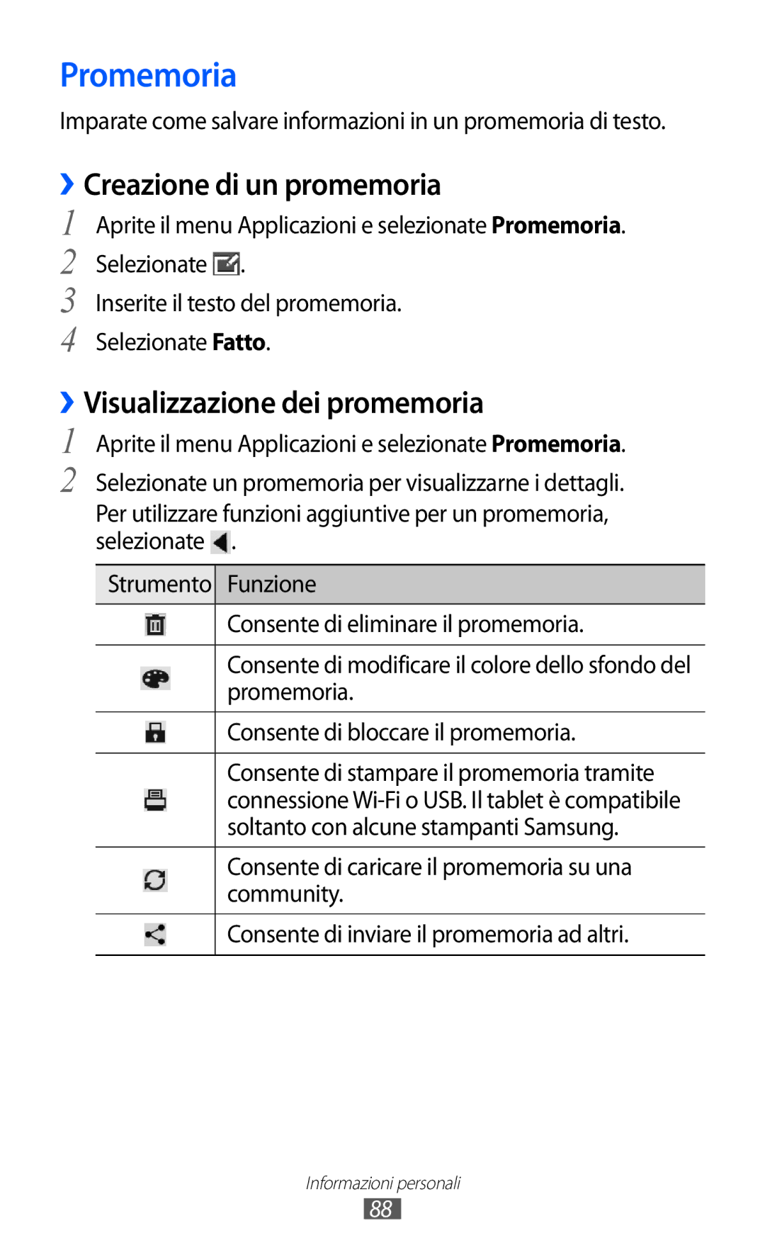 Samsung GT-P6200MAAITV, GT-P6200UWAOMN manual Promemoria, ››Creazione di un promemoria, ››Visualizzazione dei promemoria 