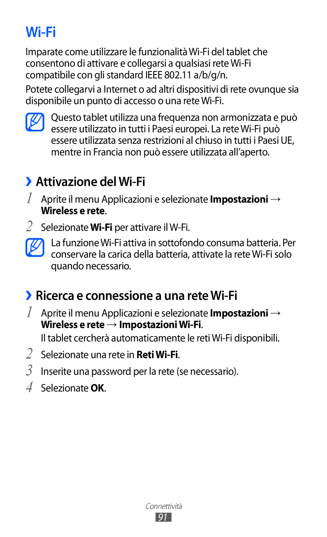 Samsung GT-P6200MAAOMN manual ››Attivazione del Wi-Fi, ››Ricerca e connessione a una rete Wi-Fi, Wireless e rete 