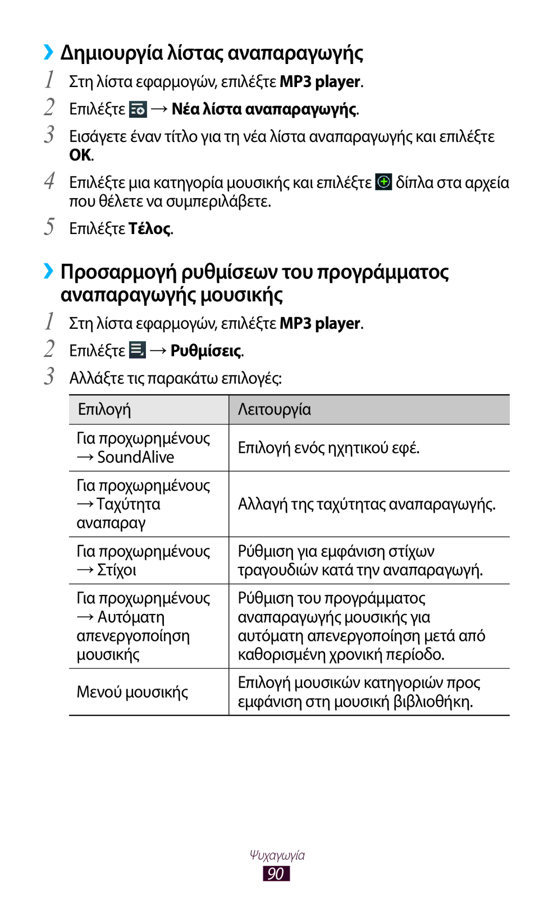 Samsung GT-P6200UWAVGR manual Δημιουργία λίστας αναπαραγωγής, Στη λίστα εφαρμογών, επιλέξτε MP3 player, Επιλέξτε Τέλος 