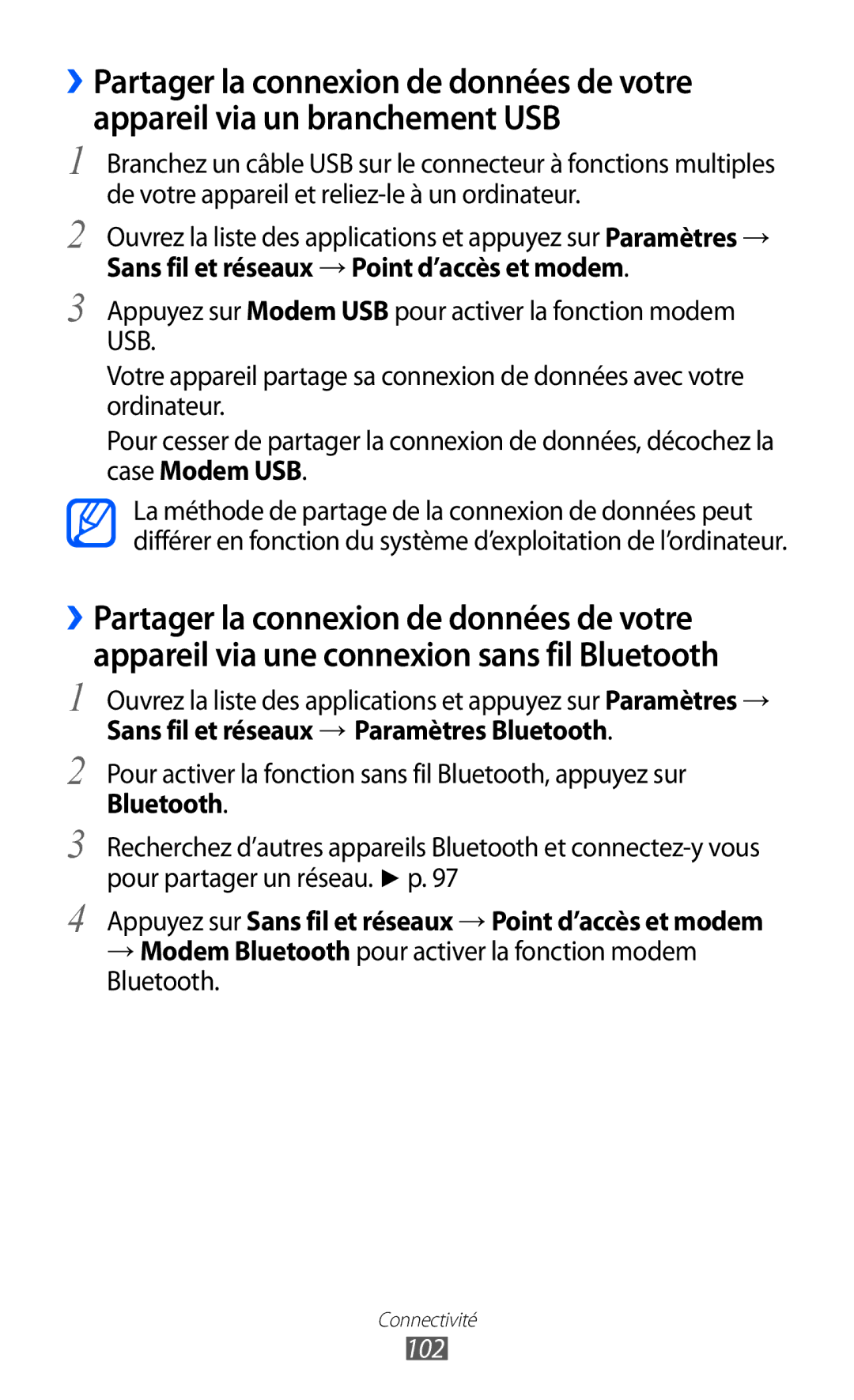 Samsung GT-P6200UWASFR, GT-P6200ZWAFTM, GT-P6200UWAXEF, GT-P6200MAAXEF manual Sans fil et réseaux → Paramètres Bluetooth, 102 