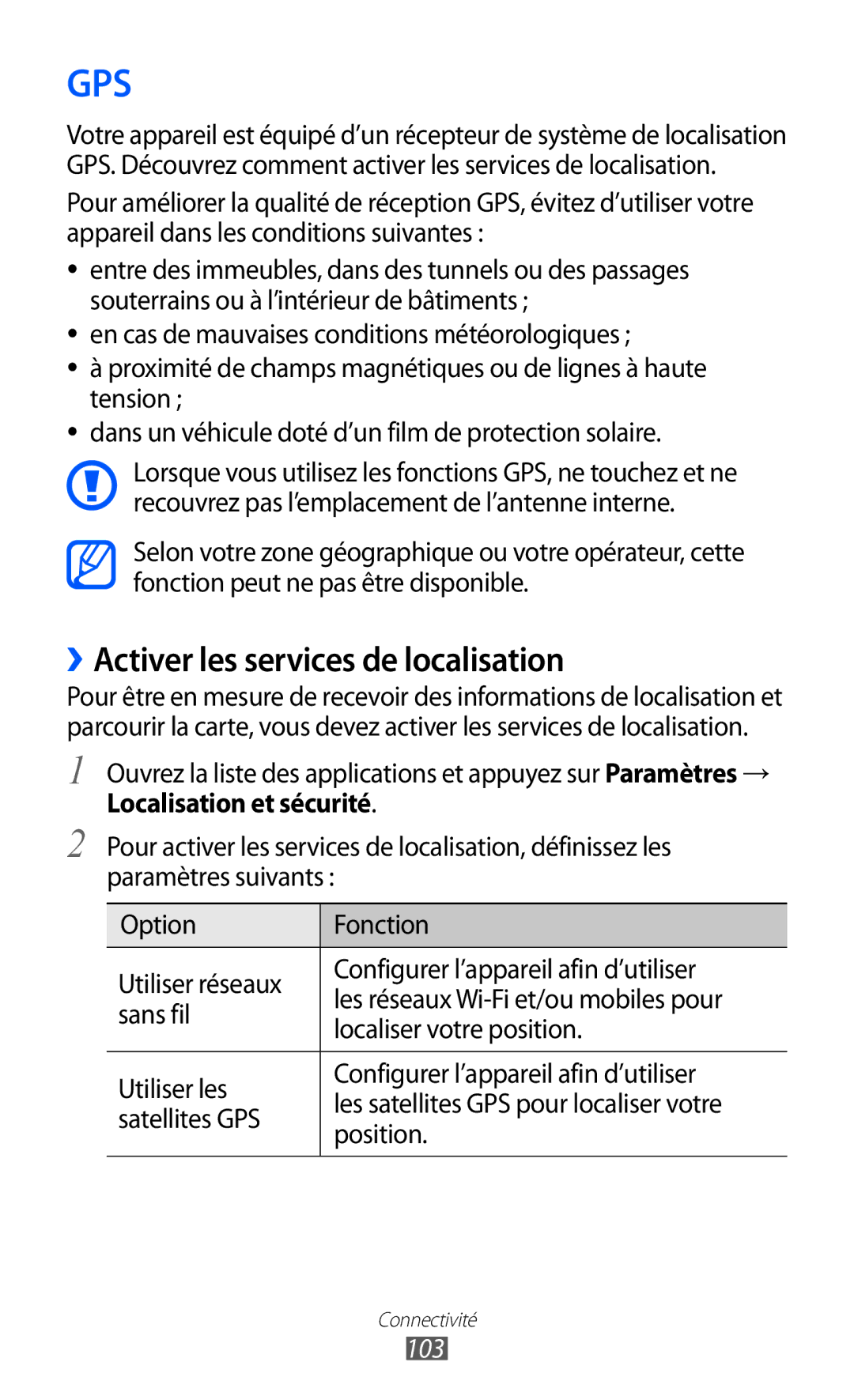 Samsung GT-P6200UWAFTM, GT-P6200ZWAFTM manual ››Activer les services de localisation, Satellites GPS, Position, 103 