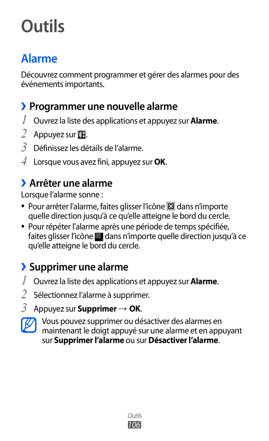 Samsung GT-P6200ZWASFR Outils, Alarme, ››Programmer une nouvelle alarme, ››Arrêter une alarme, ››Supprimer une alarme 