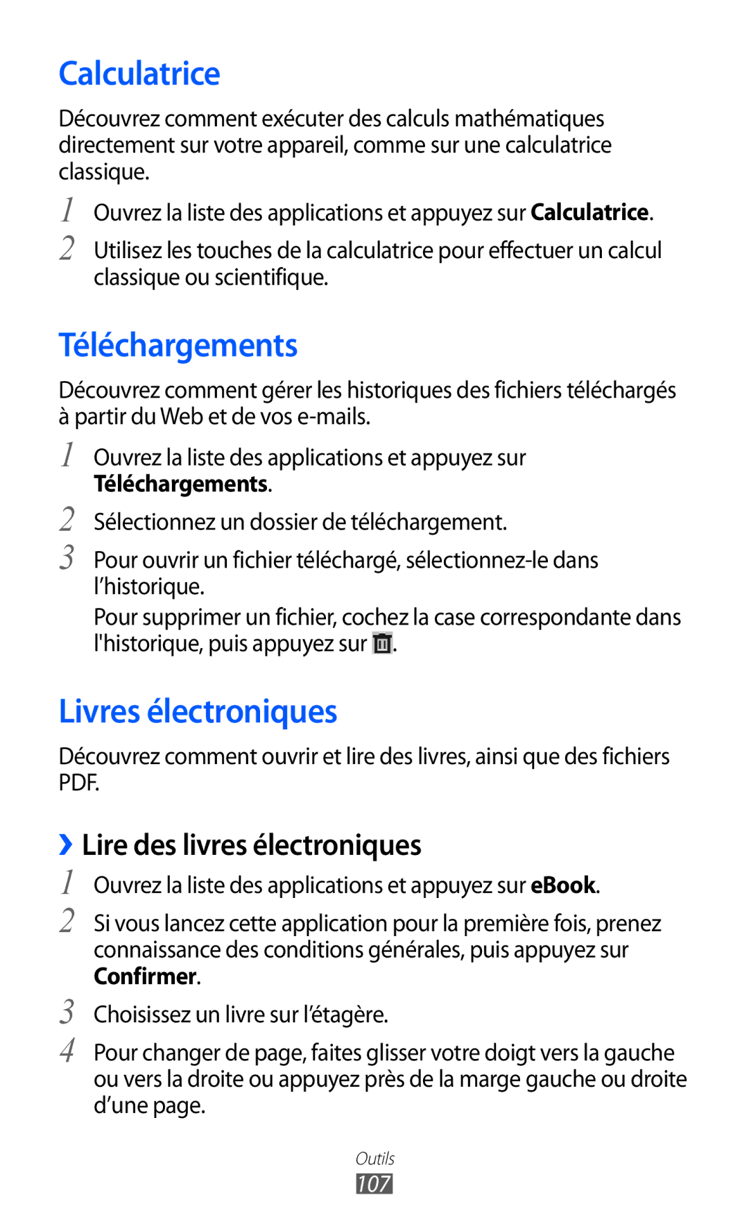 Samsung GT-P6200MAAFTM manual Calculatrice, Téléchargements, Livres électroniques, ››Lire des livres électroniques, 107 