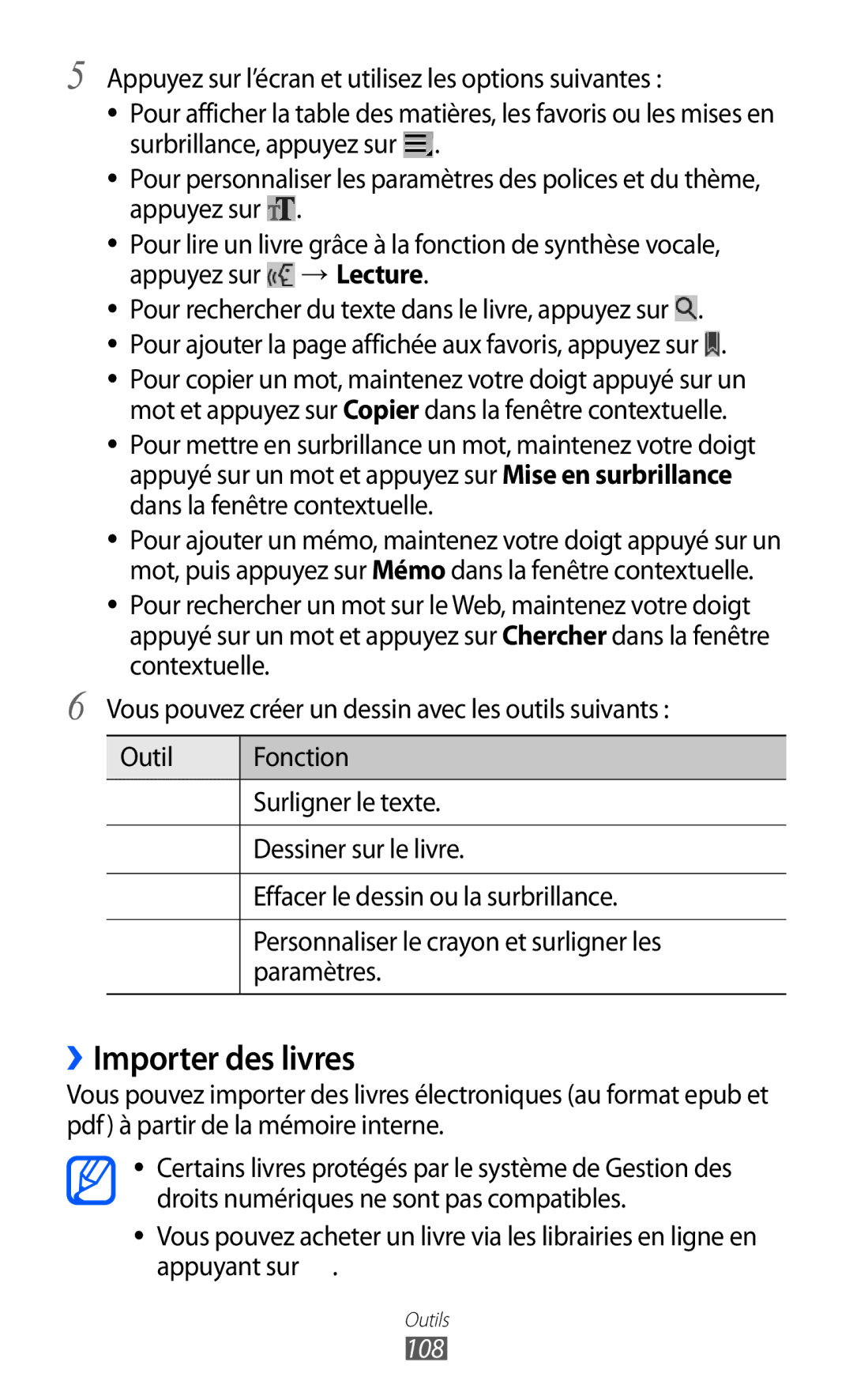 Samsung GT-P6200ZWAFTM, GT-P6200UWAXEF, GT-P6200MAAXEF, GT-P6200UWASFR, GT-P6200UWAFTM manual ››Importer des livres, 108 