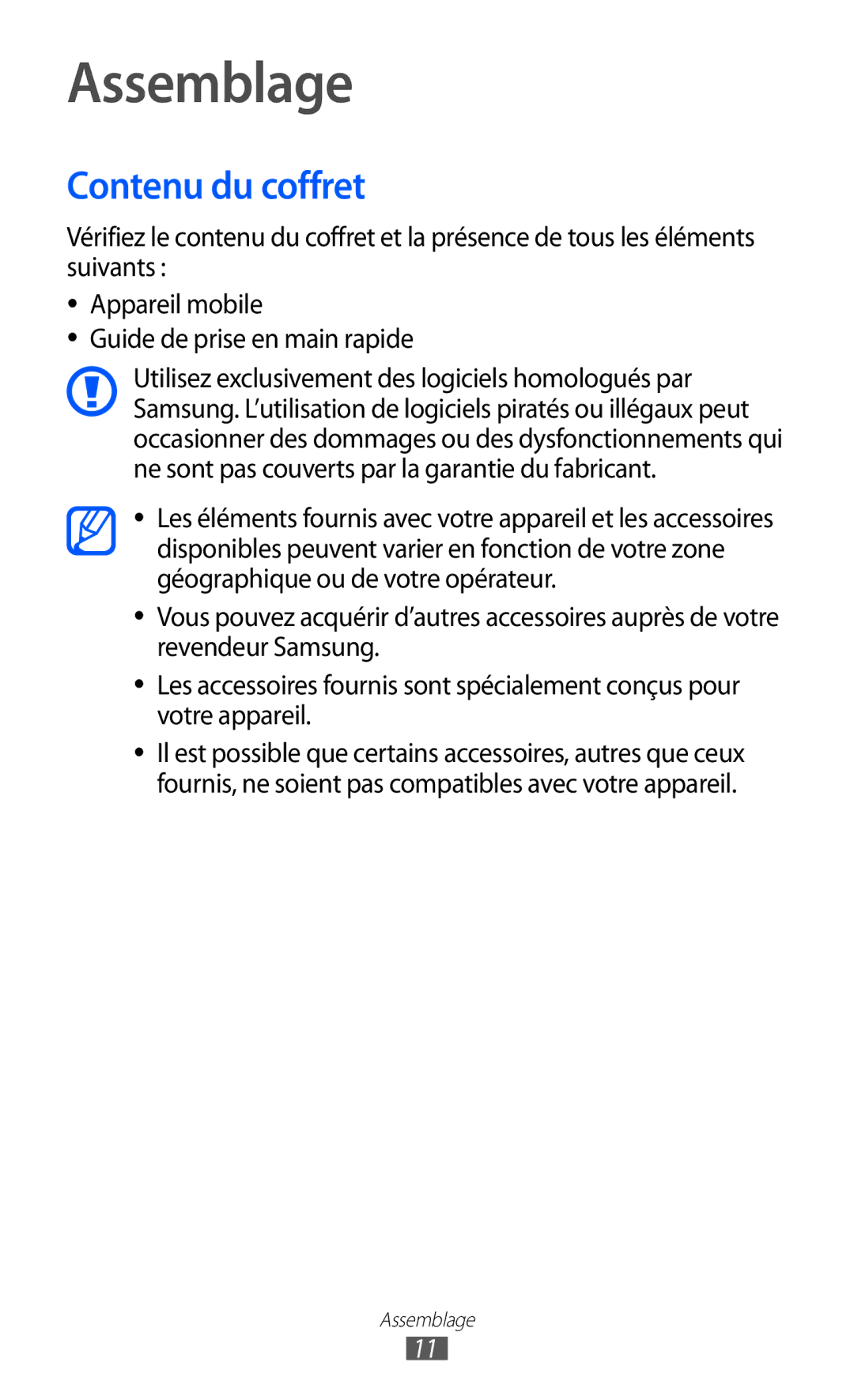 Samsung GT-P6200MAAXEF, GT-P6200ZWAFTM, GT-P6200UWAXEF, GT-P6200UWASFR, GT-P6200UWAFTM manual Assemblage, Contenu du coffret 