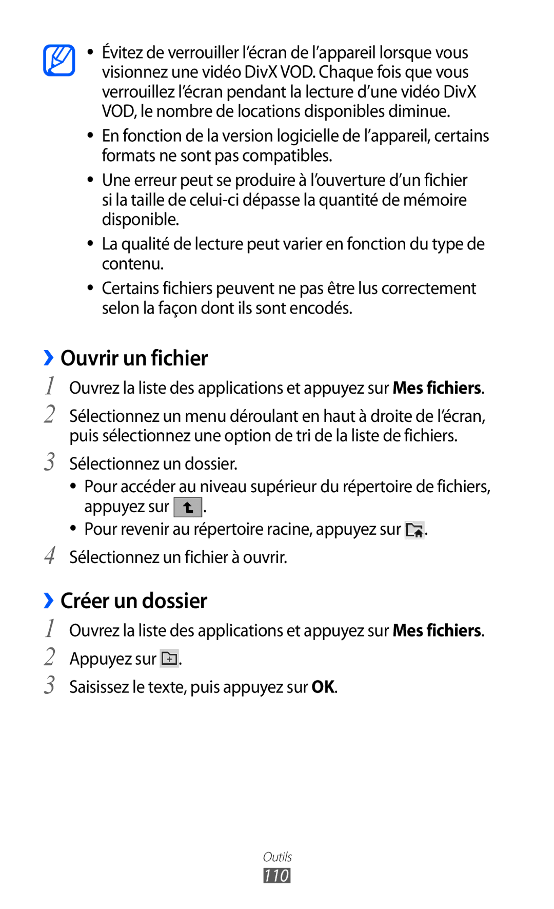 Samsung GT-P6200MAAXEF manual Ouvrir un fichier, Créer un dossier, Appuyez sur Saisissez le texte, puis appuyez sur OK, 110 