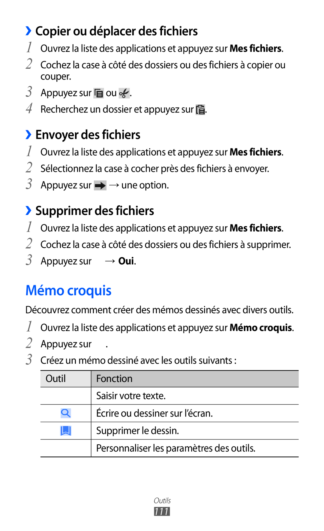 Samsung GT-P6200UWASFR Mémo croquis, ››Copier ou déplacer des fichiers, ››Envoyer des fichiers, ››Supprimer des fichiers 