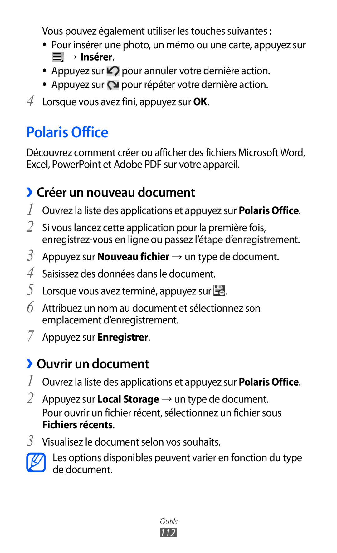 Samsung GT-P6200UWAFTM manual Polaris Office, Créer un nouveau document, Ouvrir un document, → Insérer, Fichiers récents 