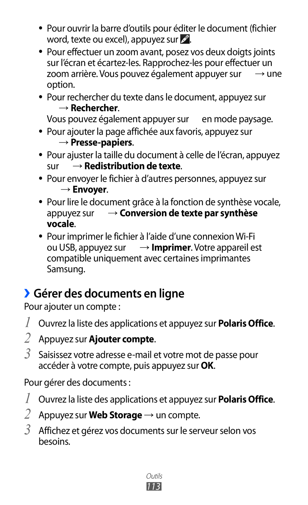 Samsung GT-P6200MAASFR, GT-P6200ZWAFTM, GT-P6200UWAXEF manual ››Gérer des documents en ligne, → Rechercher, → Envoyer, 113 