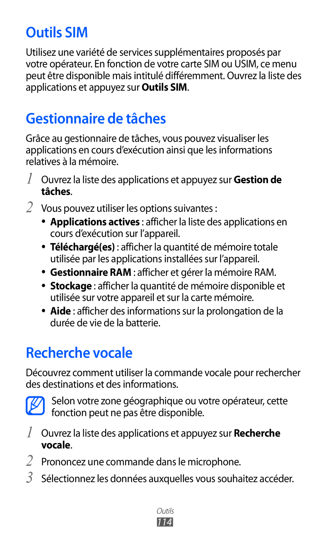 Samsung GT-P6200ZWAXEF, GT-P6200ZWAFTM, GT-P6200UWAXEF Outils SIM, Gestionnaire de tâches, Recherche vocale, Vocale, 114 