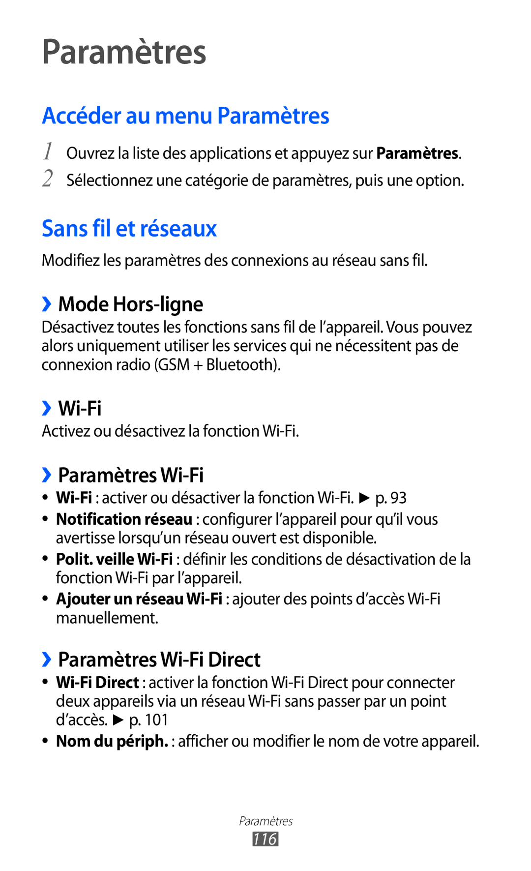 Samsung GT-P6200MAAFTM, GT-P6200ZWAFTM, GT-P6200UWAXEF, GT-P6200MAAXEF Accéder au menu Paramètres, Sans fil et réseaux 