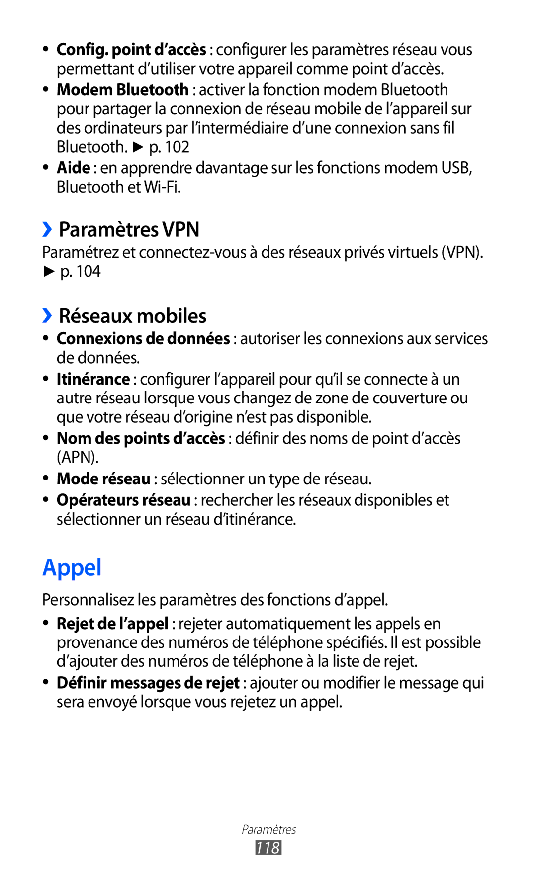 Samsung GT-P6200UWAXEF Appel, ››Paramètres VPN, ››Réseaux mobiles, Personnalisez les paramètres des fonctions d’appel, 118 