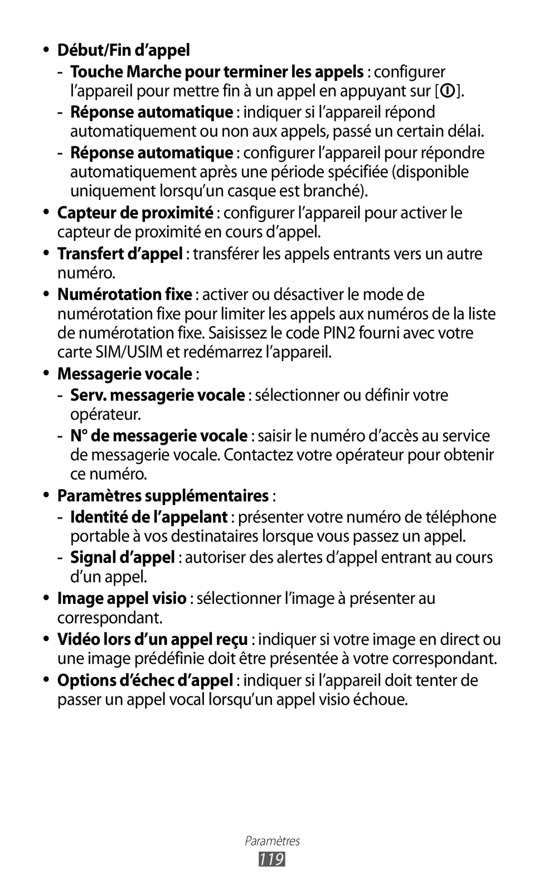 Samsung GT-P6200MAAXEF, GT-P6200ZWAFTM manual Début/Fin d’appel, Messagerie vocale, Paramètres supplémentaires, 119 