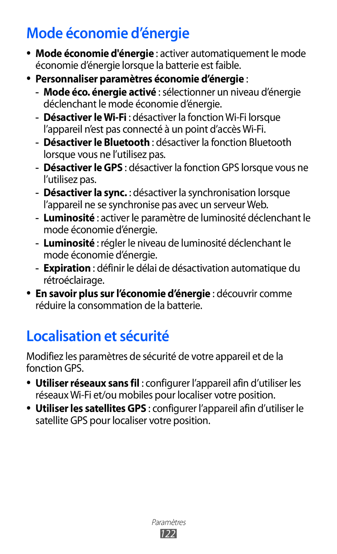 Samsung GT-P6200MAASFR Mode économie d’énergie, Localisation et sécurité, Personnaliser paramètres économie d’énergie, 122 