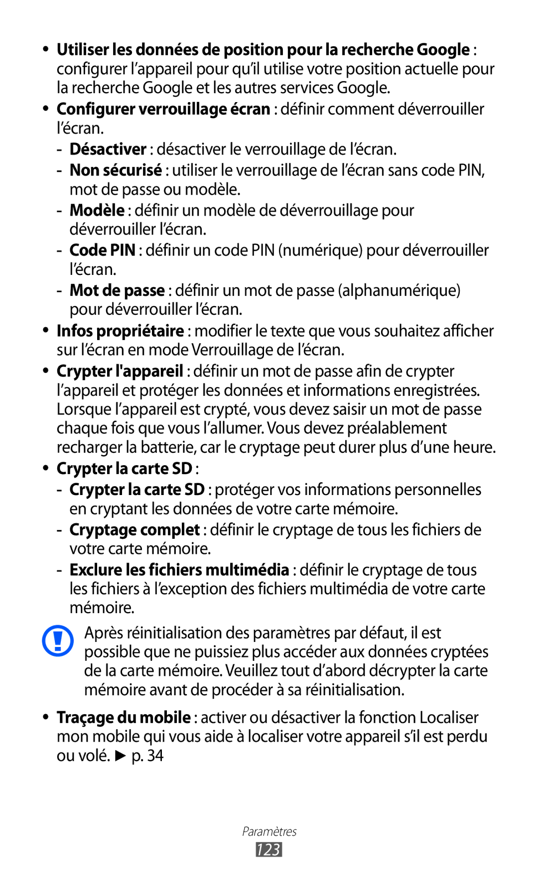 Samsung GT-P6200ZWAXEF, GT-P6200ZWAFTM, GT-P6200UWAXEF, GT-P6200MAAXEF, GT-P6200UWASFR manual Crypter la carte SD, 123 