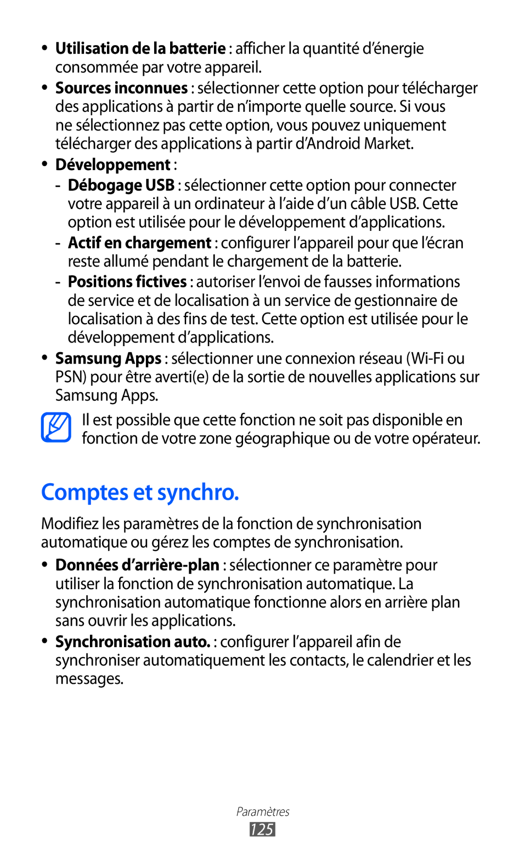 Samsung GT-P6200MAAFTM, GT-P6200ZWAFTM, GT-P6200UWAXEF, GT-P6200MAAXEF, GT-P6200UWASFR Comptes et synchro, Développement, 125 