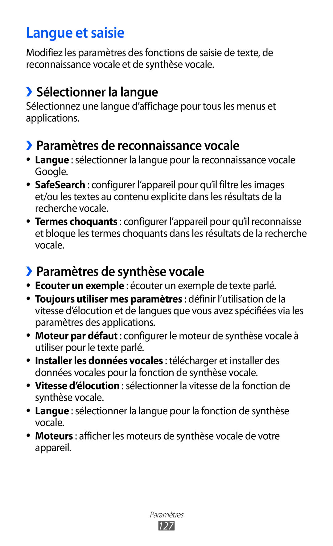 Samsung GT-P6200UWAXEF manual Langue et saisie, ››Sélectionner la langue, ››Paramètres de reconnaissance vocale, 127 