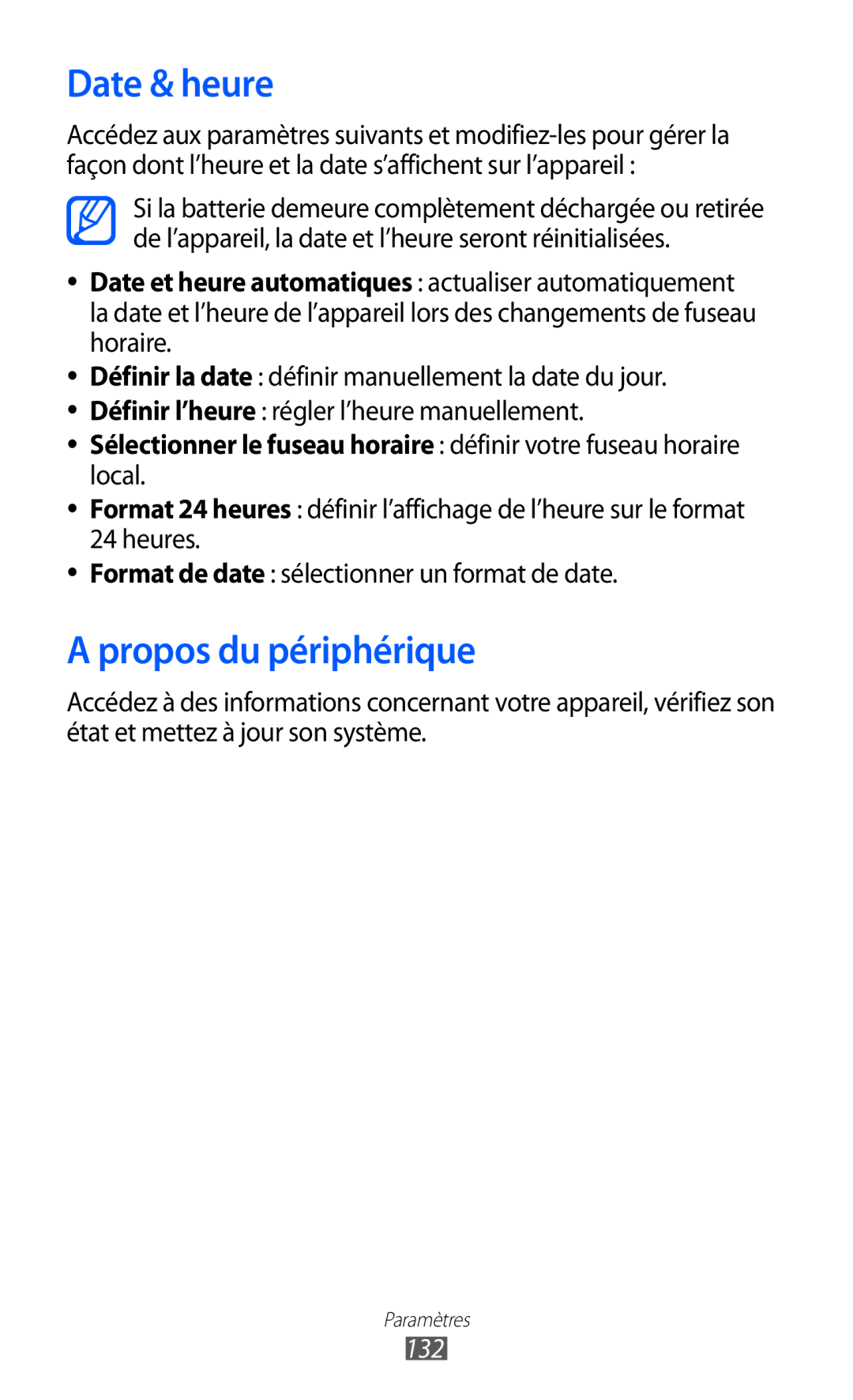 Samsung GT-P6200ZWAXEF, GT-P6200ZWAFTM, GT-P6200UWAXEF, GT-P6200MAAXEF manual Date & heure, Propos du périphérique, 132 