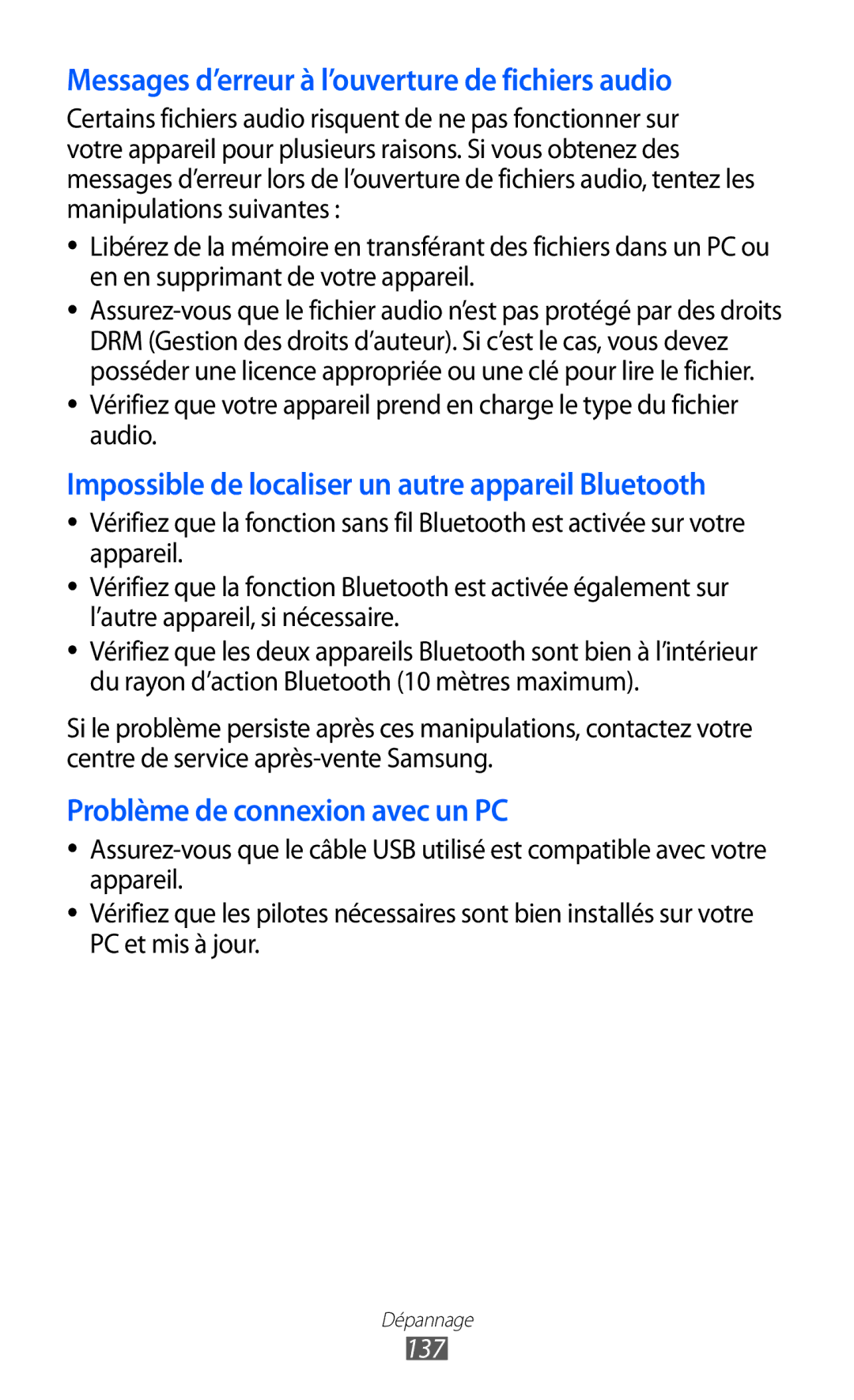 Samsung GT-P6200MAAXEF, GT-P6200ZWAFTM, GT-P6200UWAXEF manual Messages d’erreur à l’ouverture de fichiers audio, 137 