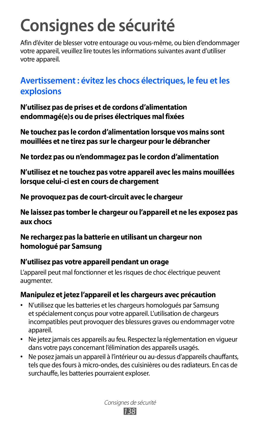 Samsung GT-P6200UWASFR, GT-P6200ZWAFTM, GT-P6200UWAXEF, GT-P6200MAAXEF, GT-P6200UWAFTM manual Consignes de sécurité, 138 