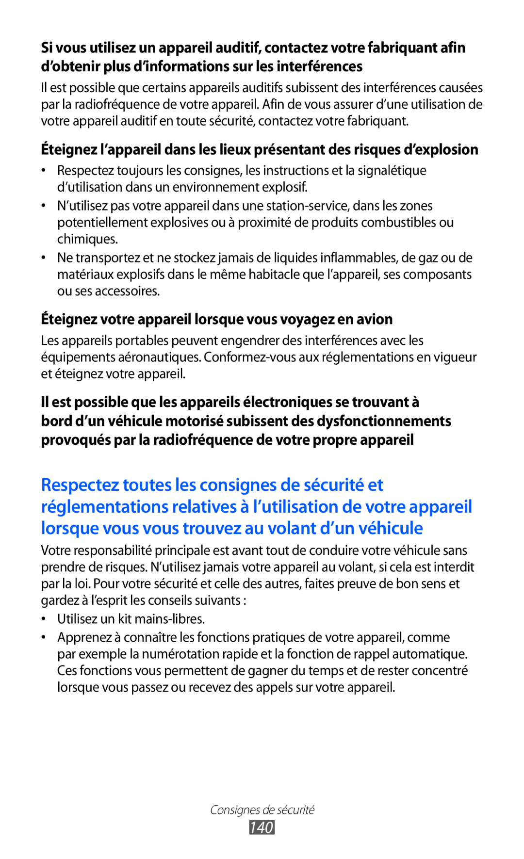 Samsung GT-P6200MAASFR, GT-P6200ZWAFTM, GT-P6200UWAXEF manual 140, Éteignez votre appareil lorsque vous voyagez en avion 