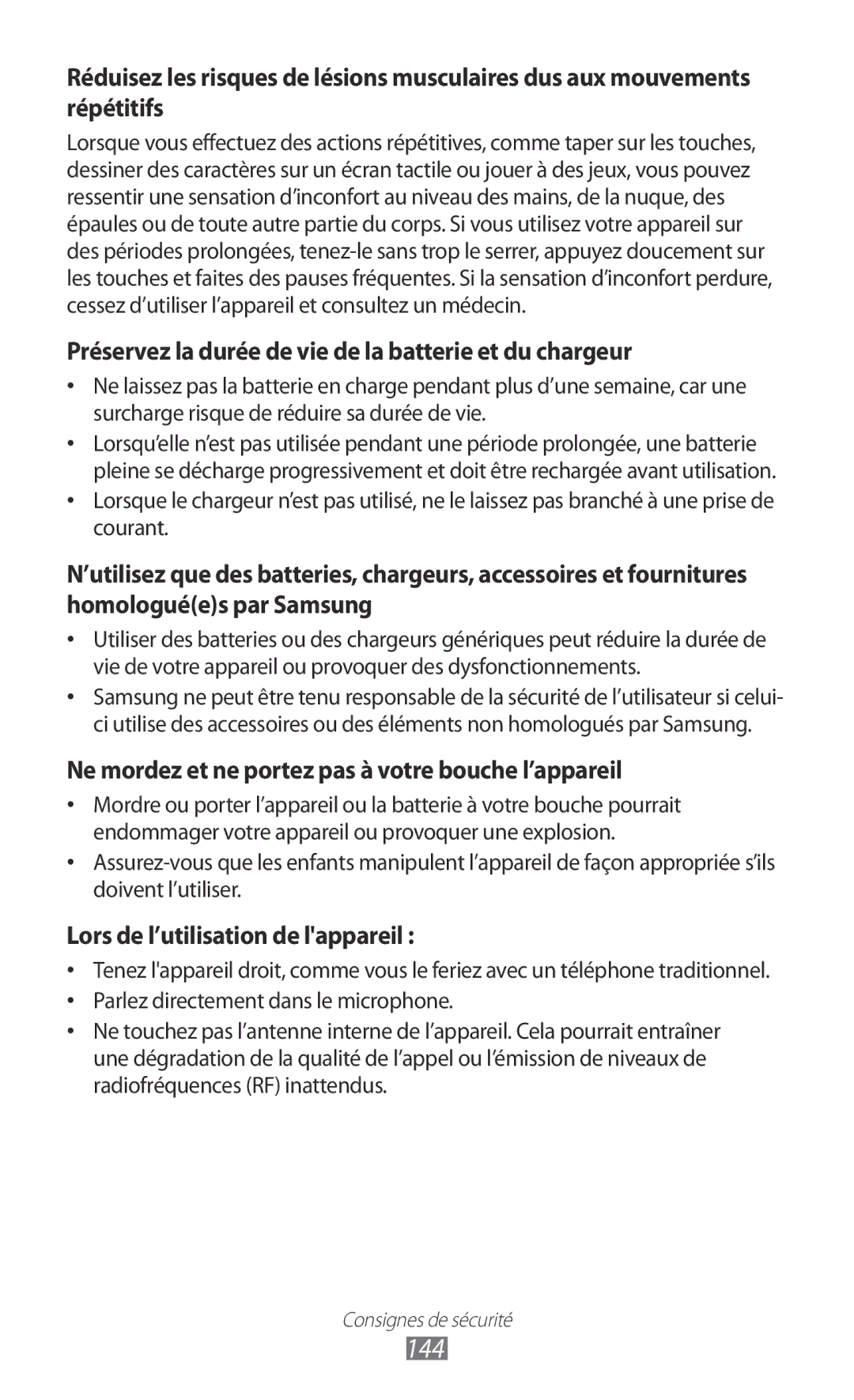 Samsung GT-P6200ZWAFTM, GT-P6200UWAXEF, GT-P6200MAAXEF manual 144, Préservez la durée de vie de la batterie et du chargeur 