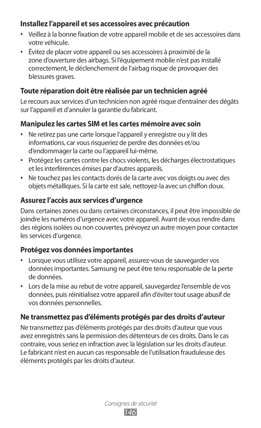 Samsung GT-P6200MAAXEF, GT-P6200ZWAFTM, GT-P6200UWAXEF manual 146, Installez l’appareil et ses accessoires avec précaution 