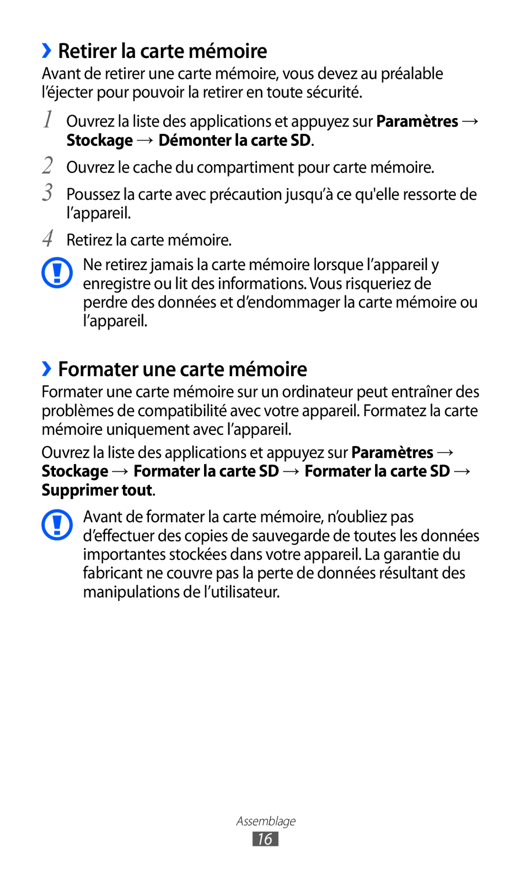Samsung GT-P6200ZWASFR manual ››Retirer la carte mémoire, ››Formater une carte mémoire, Stockage → Démonter la carte SD 