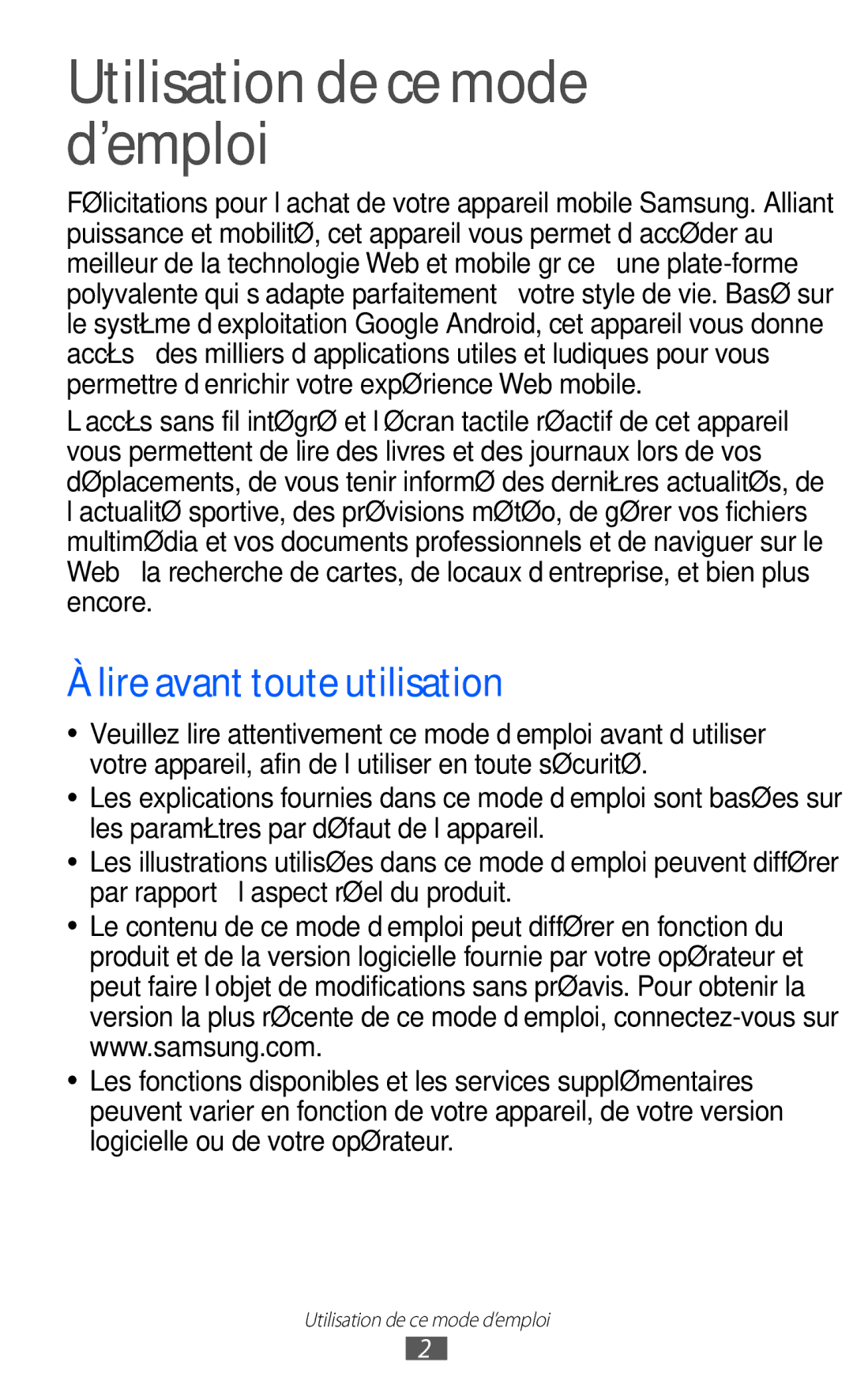 Samsung GT-P6200MAAXEF, GT-P6200ZWAFTM, GT-P6200UWAXEF manual Utilisation de ce mode d’emploi, Lire avant toute utilisation 