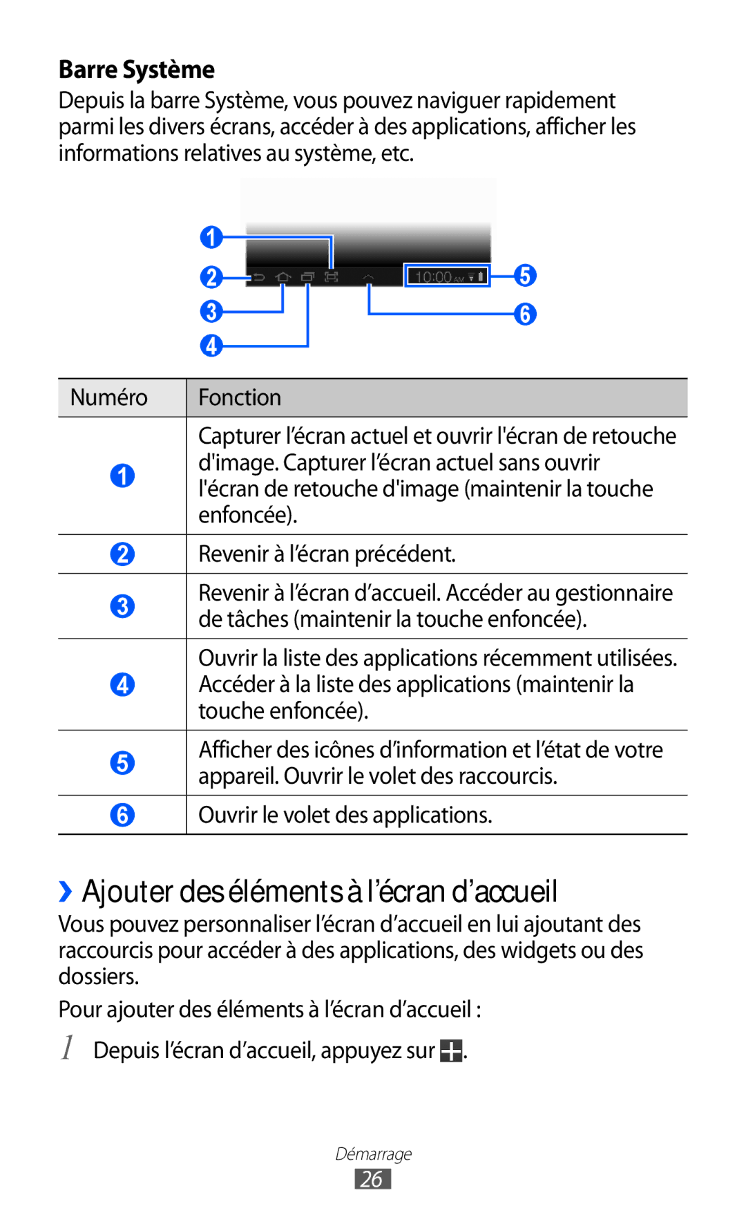 Samsung GT-P6200MAAFTM, GT-P6200ZWAFTM, GT-P6200UWAXEF manual ››Ajouter des éléments à l’écran d’accueil, Barre Système 